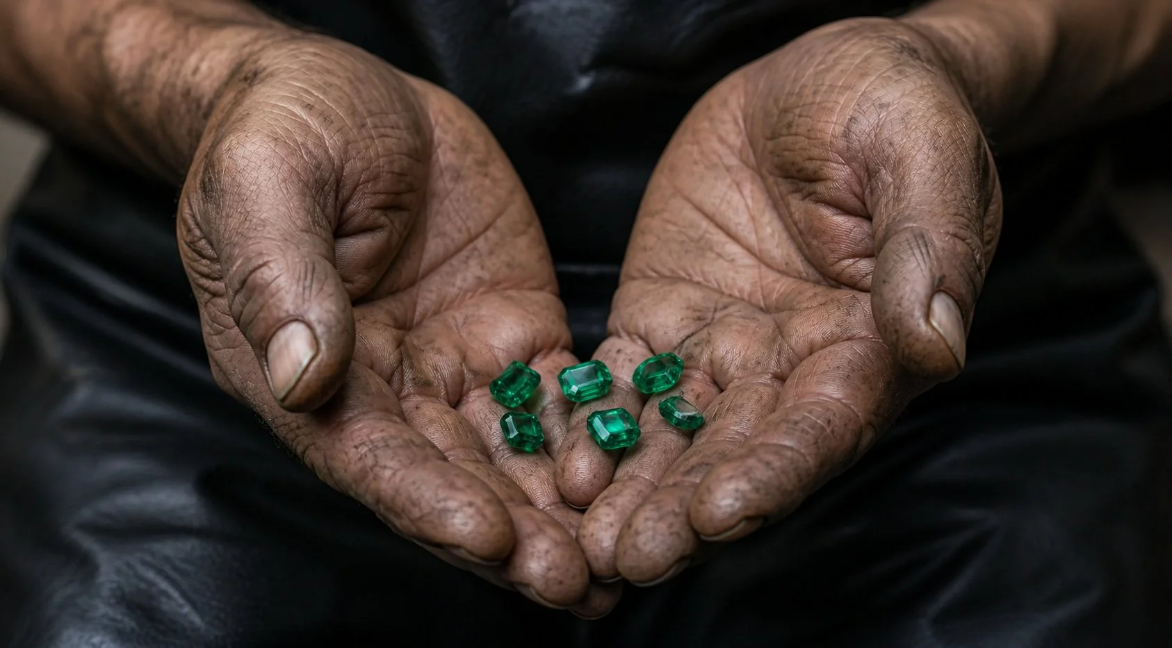 Miner hands with emeralds